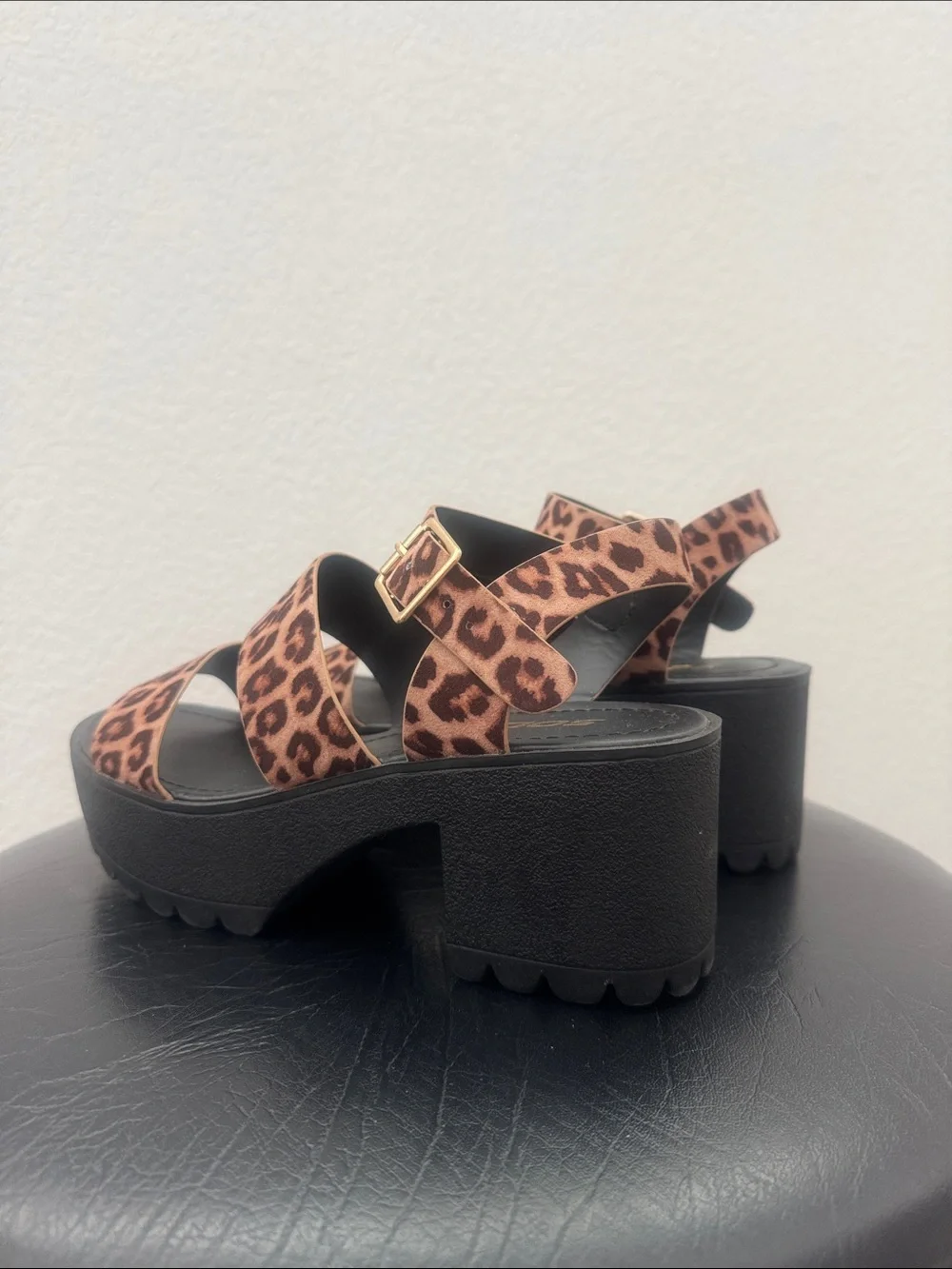Soda Leopard-Print Strappy Platform Sandals in Brown and Black